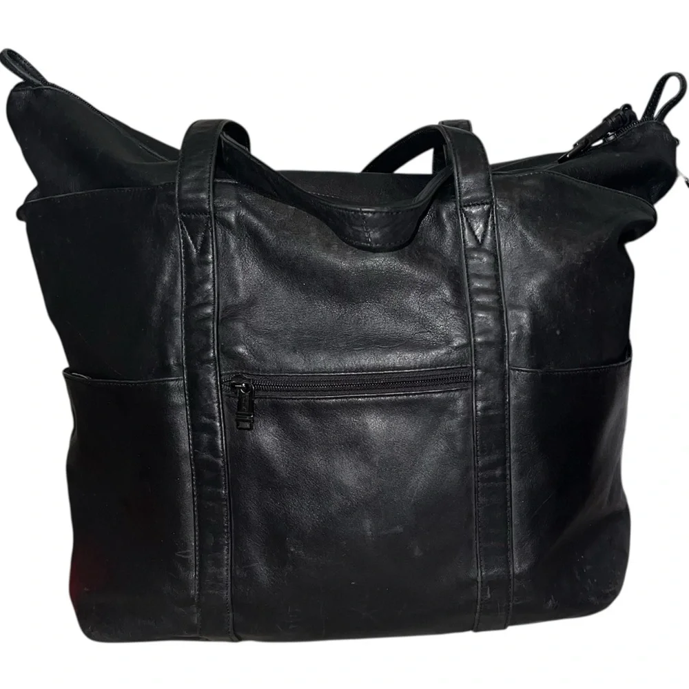 TUMI Black Leather Expandable Weekender Tote Duffel Bag